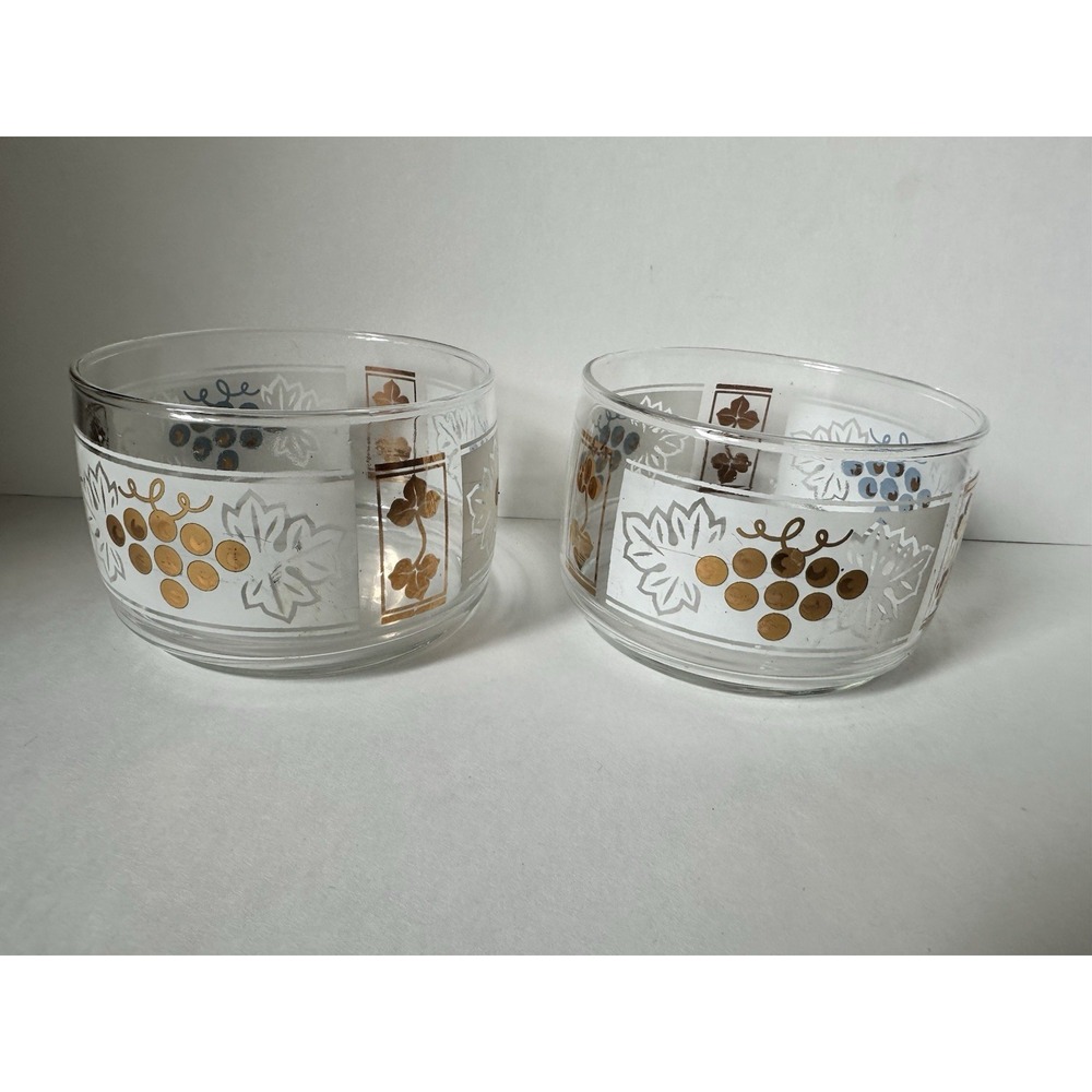Vintage MCM Clear Glass Frosted Snack Bowls Gold Grapes & Trim Anchor Hocking